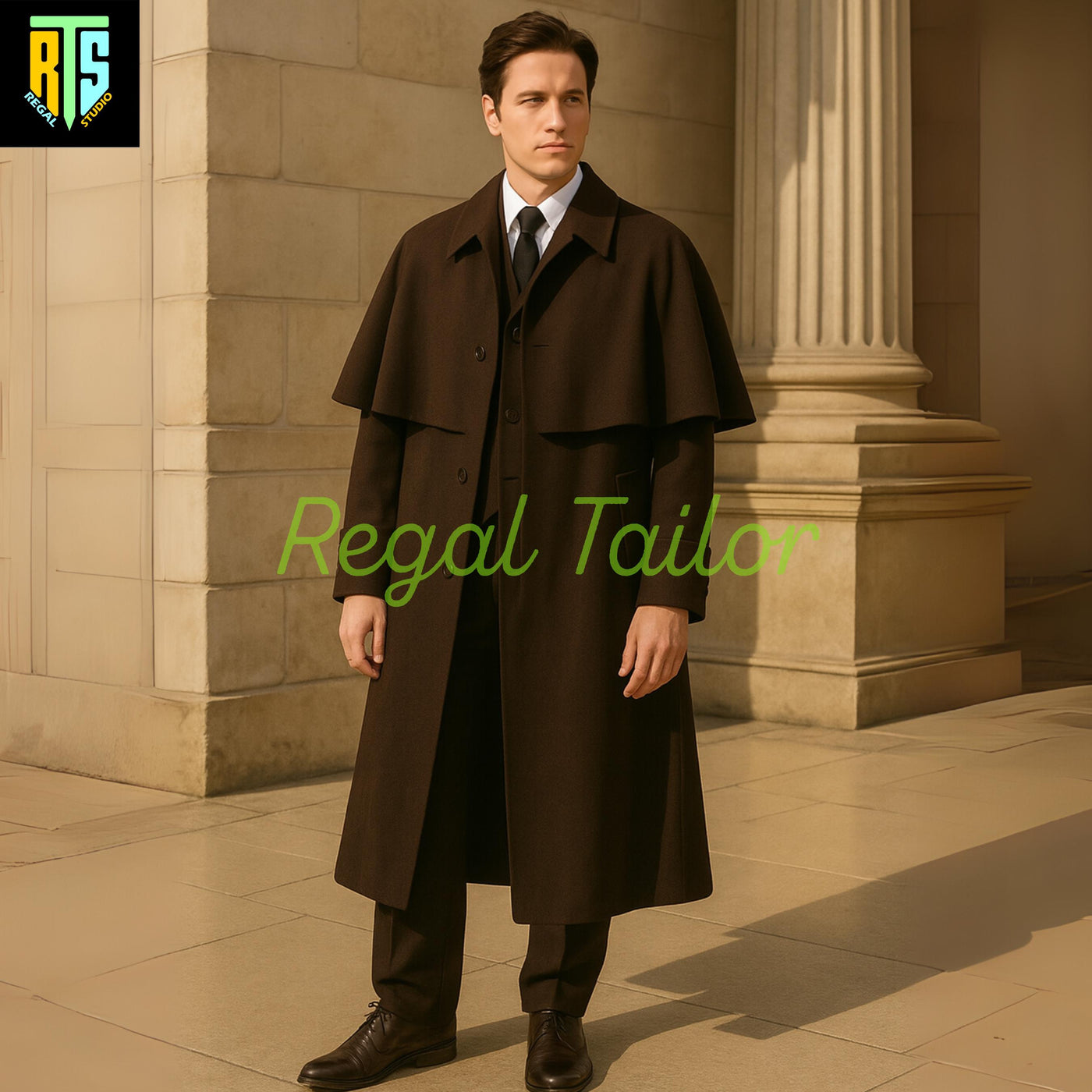 Dark Brown Wool Inverness Cape Coat – Classic Victorian Overcoat for Gentlemen - Formal Outerwear with Timeless Coachman Style - Regency Set