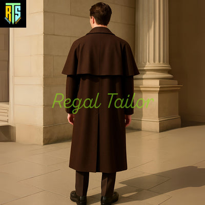 Dark Brown Wool Inverness Cape Coat – Classic Victorian Overcoat for Gentlemen - Formal Outerwear with Timeless Coachman Style - Regency Set