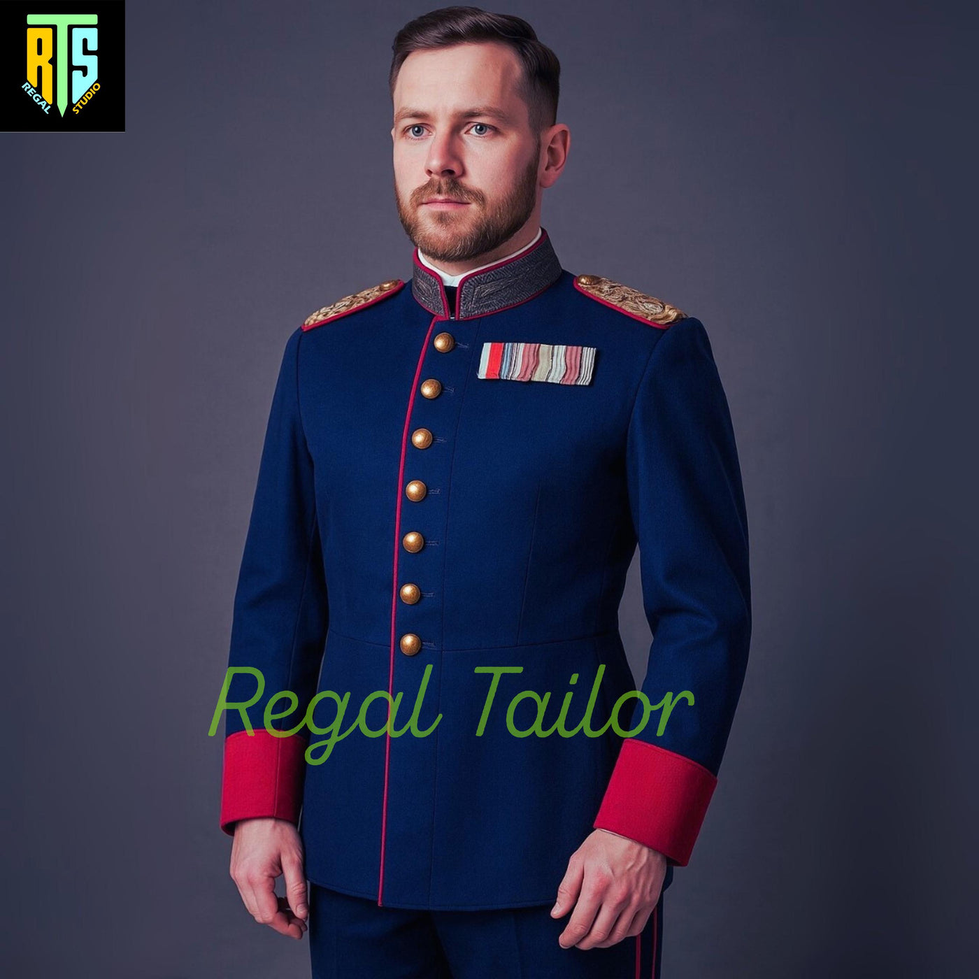 Royal Blue Military Uniform – Gold Buttons - Red Cuffs - Shoulder Epaulates & Medal Stripes | Historical Parade Officer's Coat -Regency Wear