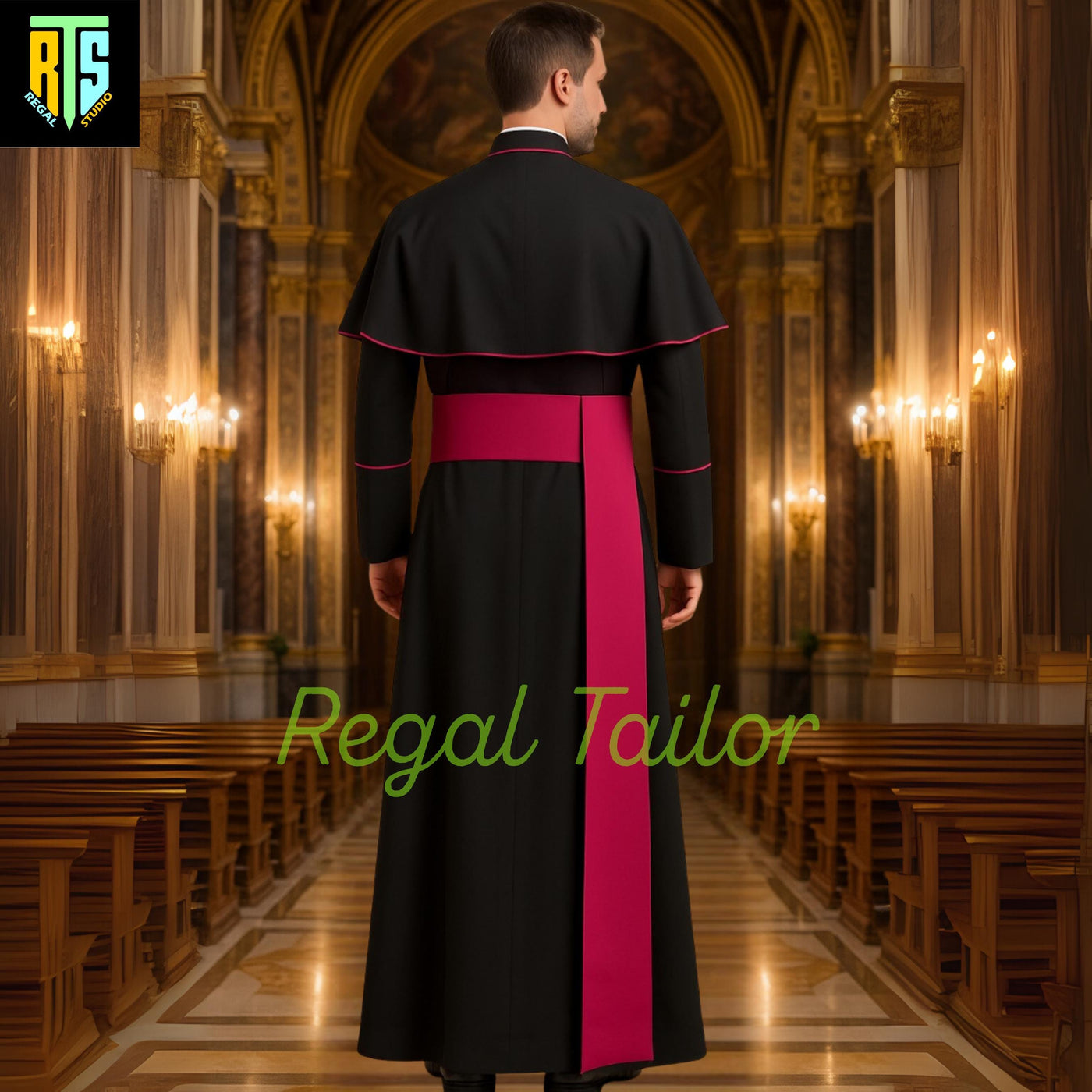 Traditional Roman Catholic Cassock with Shoulder Cape – Black Clergy Robe with Pink Buttons - Trim & Sash – Priest Vestment - Church Attire