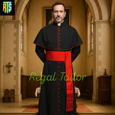 Traditional Black Cassock with Red Piping – Clergy Robe with Shoulder Cape & Sash – Catholic Priest Outfit for Church or Reenactment