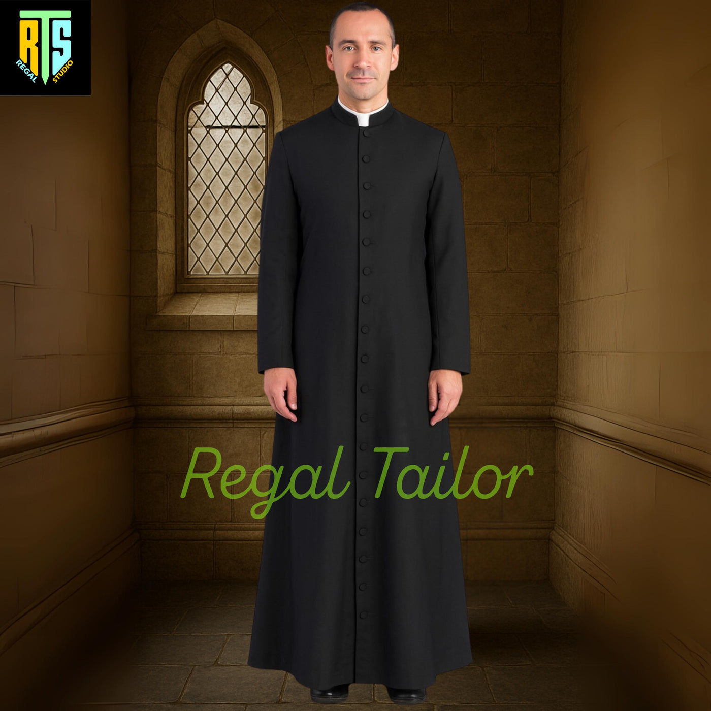 Classic Black Clerical Cassock for Priests – Full-Length Button Front Robe with Roman Collar | Custom Fit Church Vestment - Custom Size