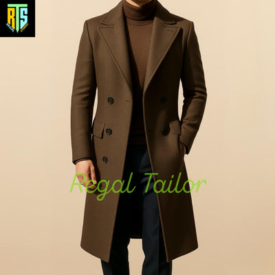 Elegant Brown Wool Overcoat for Men – Long Tailored Winter Coat with Wide Lapels, 3-Button Front & Classic Fit – Formal Warm Outerwear