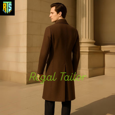 Elegant Brown Wool Overcoat for Men – Long Tailored Winter Coat with Wide Lapels, 3-Button Front & Classic Fit – Formal Warm Outerwear