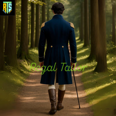 Regency Military Style Gentleman’s Tailcoat – Blue Wool Officer Coat with Gold Epaulettes - Beige Breeches & Waistcoat – Historical Outfit