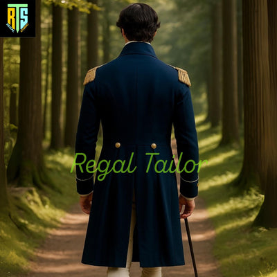Regency Military Style Gentleman’s Tailcoat – Blue Wool Officer Coat with Gold Epaulettes - Beige Breeches & Waistcoat – Historical Outfit