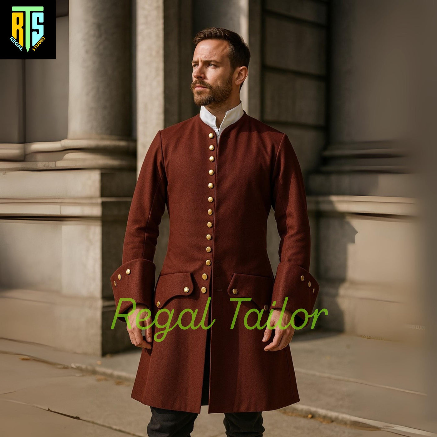 Vintage Maroon Wool Frock Coat for Men – Historical Steampunk Reenactment Jacket with Gold Buttons & Cuffed Sleeves-Men's Regency Frock Coat