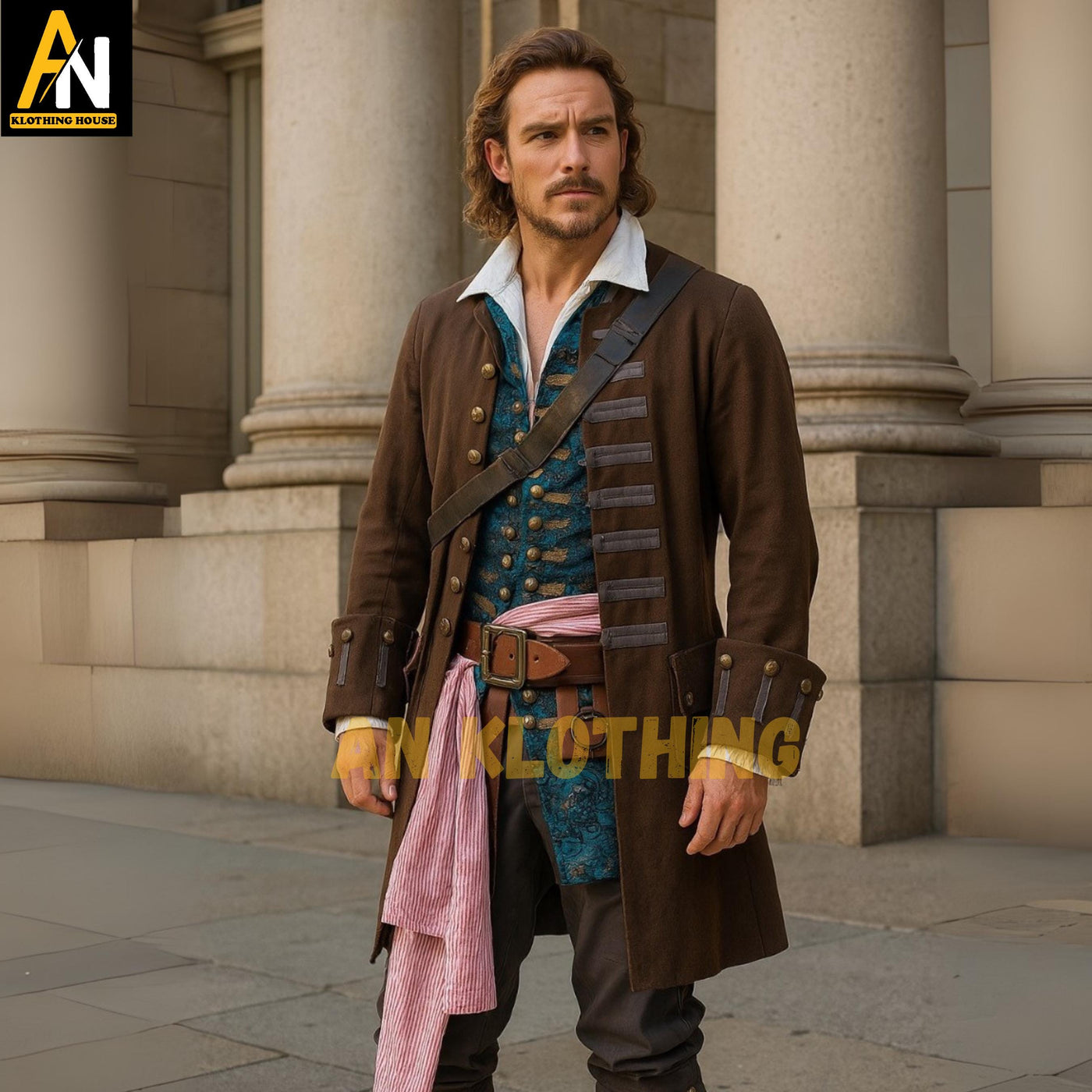 Pirate-Inspired Brown Long Coat Outfit – Historical Renaissance Coat and Vest Set for Cosplay Reenactment - Theatrical Performance Costume