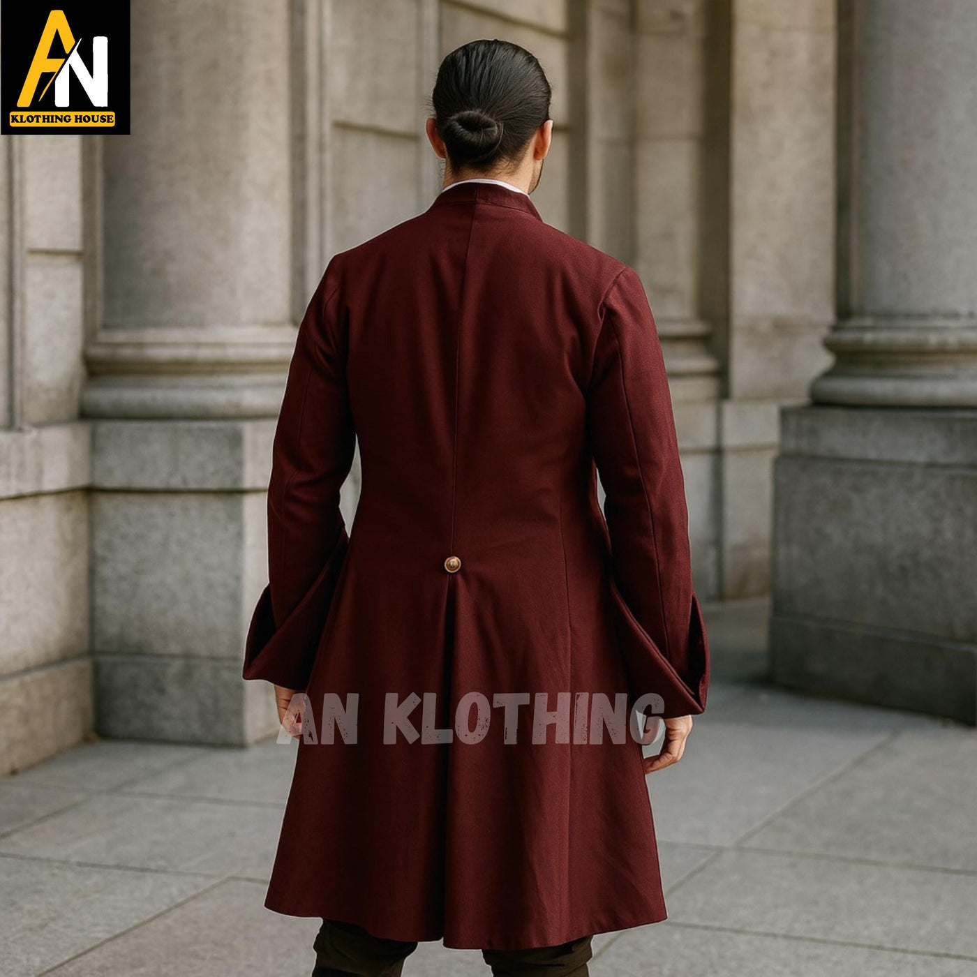 Maroon Wool Frock Coat for Men – Historical Steampunk Reenactment Jacket with Gold Buttons & Cuffed Sleeves - Men's Regency Frock Coat
