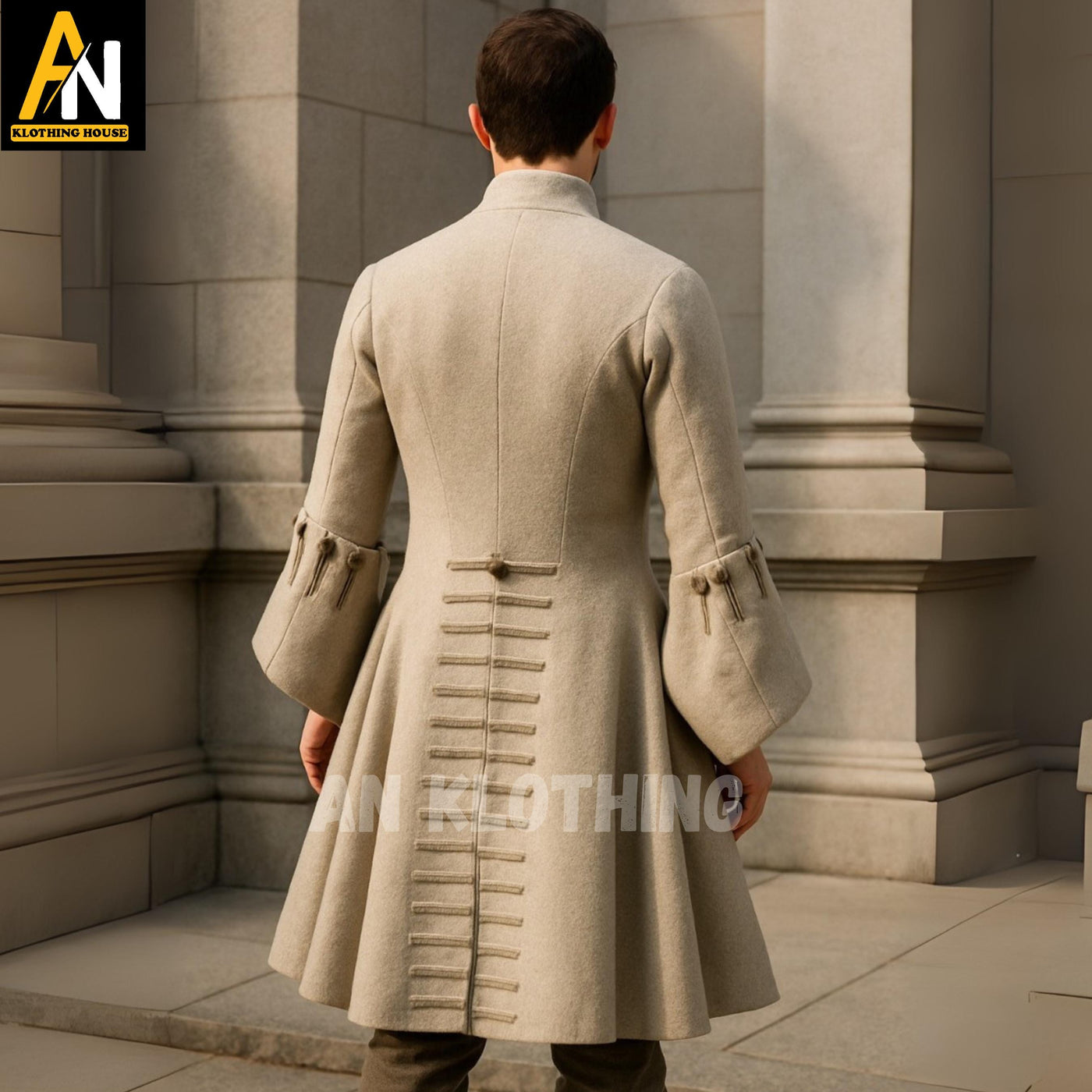 Men's Regency Style Beige Wool Frock Coat – Vintage Military Inspired Frock Coat with Decorative Buttons and Flap Pockets –Customized Outfit