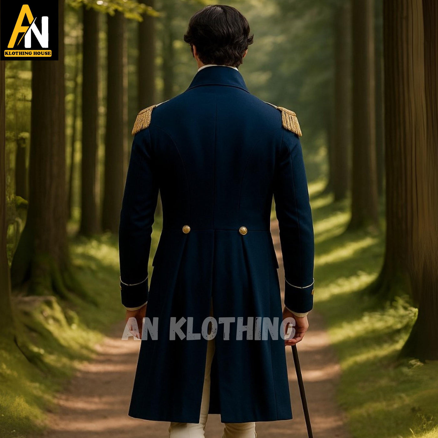 Regency Military Style Wool Coat – Blue Wool Officer Coat with Gold Epaulettes - Beige Breeches & Waistcoat – Men's Historical Outfit