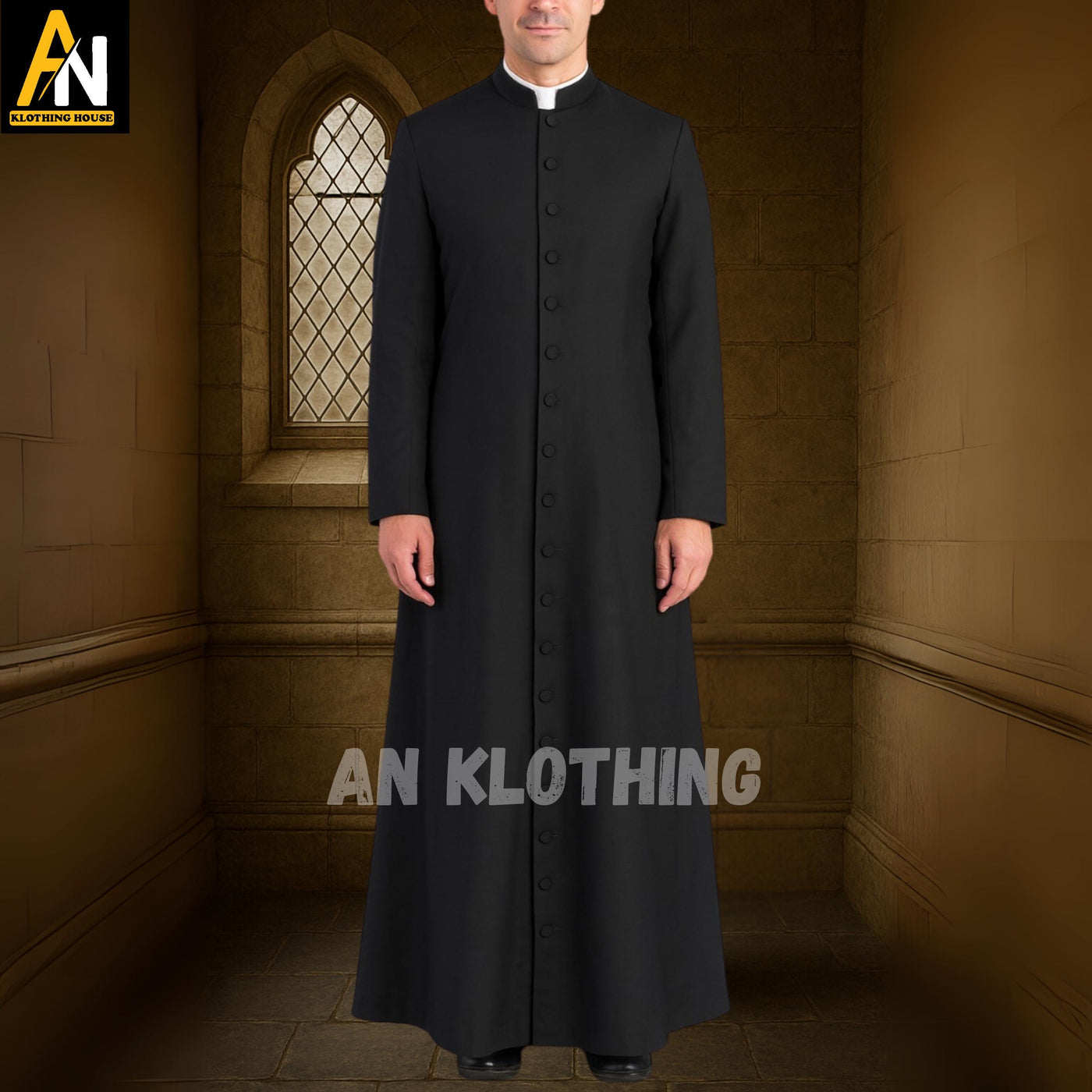 Men's Black Clerical Wool Cassock for Priests – Full-Length Button Front Robe with Roman Collar | Custom Fit Church Vestment - Custom Size