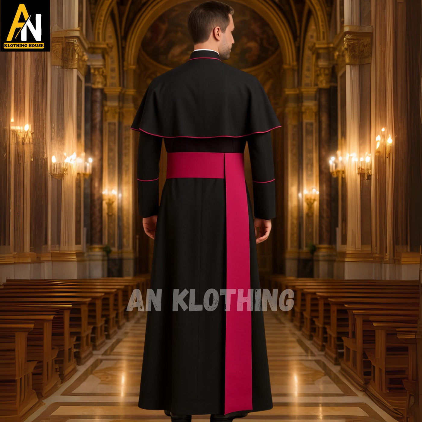 Catholic Cassock with Shoulder Cape – Black Clergy Robe with Pink Buttons - Trim & Sash – Priest Vestment - Church Attire - Traditional Wear