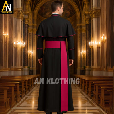 Catholic Cassock with Shoulder Cape – Black Clergy Robe with Pink Buttons - Trim & Sash – Priest Vestment - Church Attire - Traditional Wear