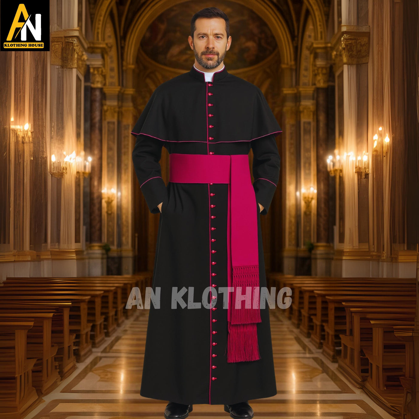 Catholic Cassock with Shoulder Cape – Black Clergy Robe with Pink Buttons - Trim & Sash – Priest Vestment - Church Attire - Traditional Wear