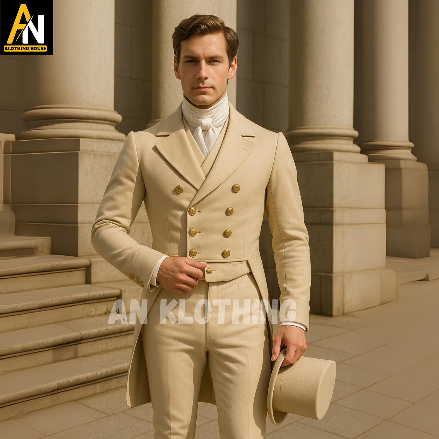 Men's Regency Era Cream Wool Tailcoat Ensemble with Golden Buttons – Classic Aristocratic Gentleman’s Formal Attire - Men's Regency Attire