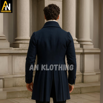 Regency Gentleman Navy Wool Tailcoat with Golden Brass Buttons and Cream Waistcoat - Cosplay or Themed Event Wear - Men's Regency Jackets