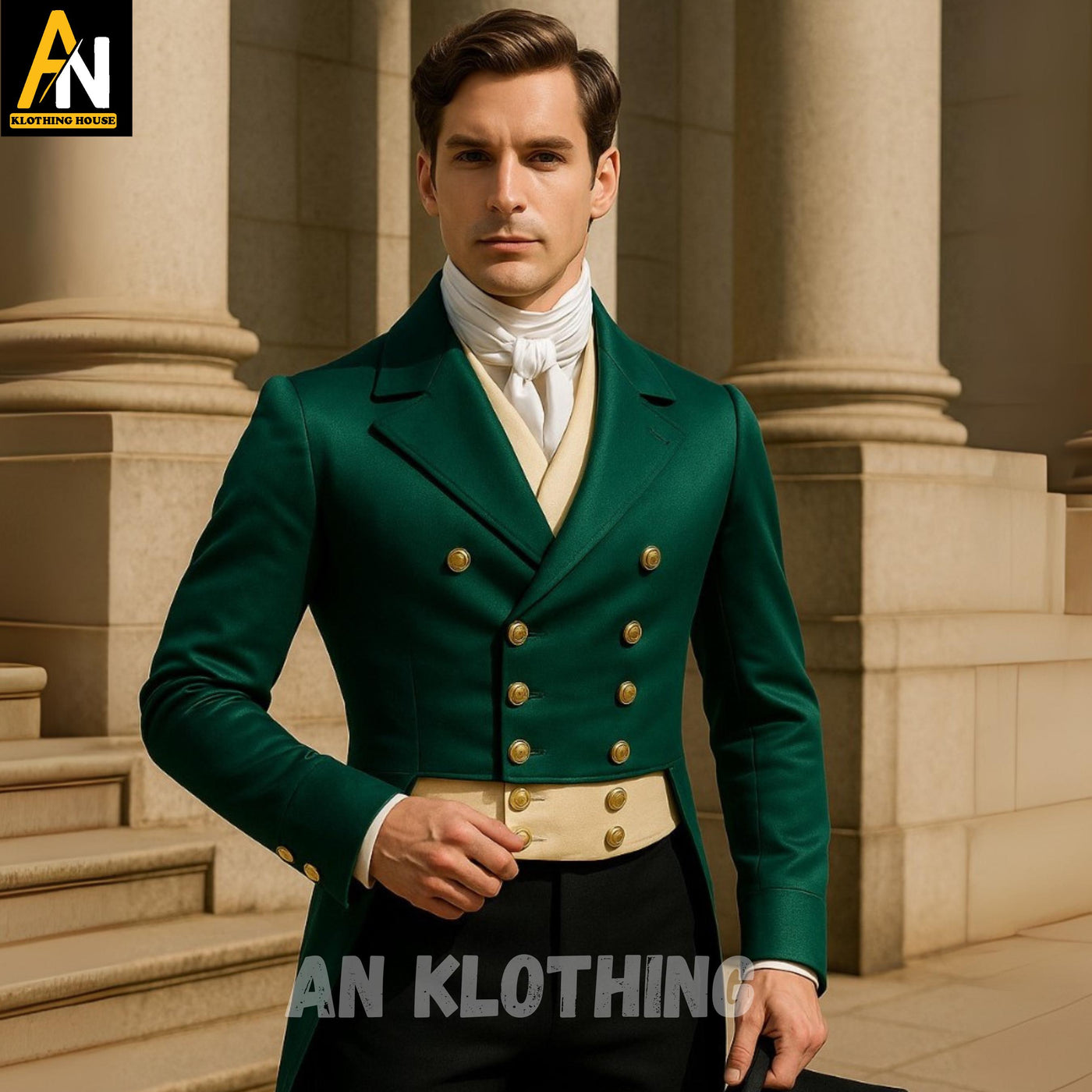 Regency Green Tailcoat for Men – Double Breasted Regency Jacket with Gold Buttons – 19th Century Gentleman’s Historical Reenactment Outfit