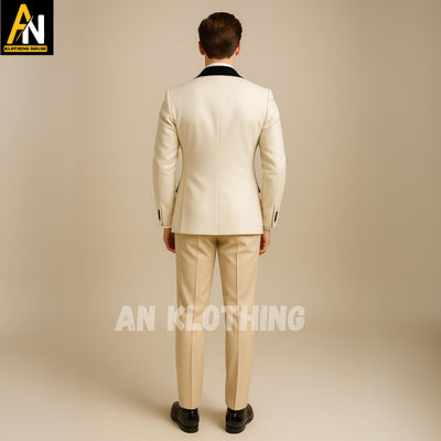 White Wool Coat with Black Velvet Accents – Classic Formalwear - Vintage Aristocratic Wedding Outfit - White Regency Wool Jacket -Men's Wear