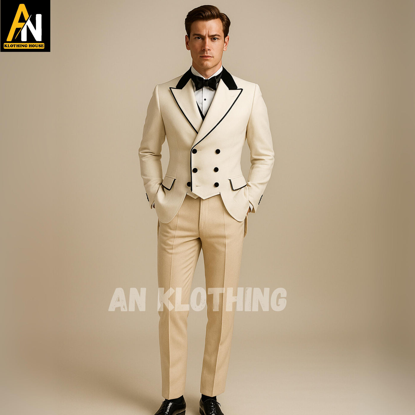 White Wool Coat with Black Velvet Accents – Classic Formalwear - Vintage Aristocratic Wedding Outfit - White Regency Wool Jacket -Men's Wear