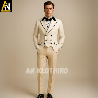 White Wool Coat with Black Velvet Accents – Classic Formalwear - Vintage Aristocratic Wedding Outfit - White Regency Wool Jacket -Men's Wear