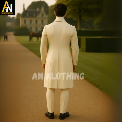 Elegant Cream Regency Wool Tailcoat for Men – Vintage Formal Attire with Gold Buttons & Waistcoat – Wedding Wear - Men's Regency Outfit