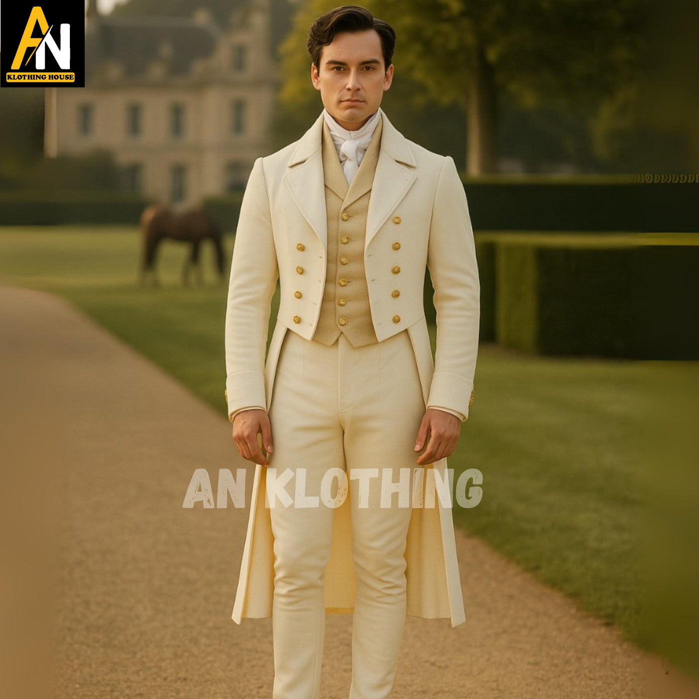 Elegant Cream Regency Wool Tailcoat for Men – Vintage Formal Attire with Gold Buttons & Waistcoat – Wedding Wear - Men's Regency Outfit