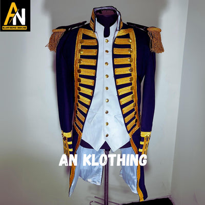 Regency Naval Officer Wool Coat – Royal Blue Military Uniform Coat with Gold Braid Trim - Epaulettes, & White Breeches - Men's Regency Suit