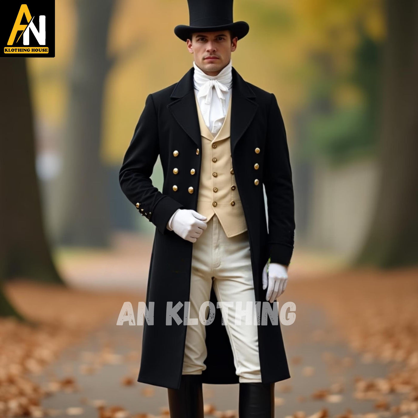 Men's Regency Classic Black Wool Coat - White Breeches - Gold Waistcoat – Men's Regency Era Jackets - Mr. Darcy Outfit Winters Wear