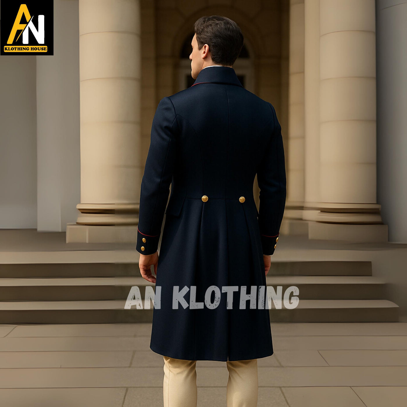 Navy Blue Regency Tailcoat with Gold Buttons – Historical Men’s Wool Coat with Red Piping | 18th Century Reenactment Costume - Custom Made