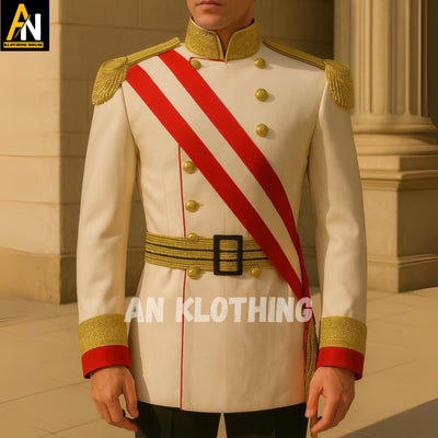 Men's White Ceremonial Military Dress Uniform – Regal Officer Jacket with Red Sash & Gold Trim | Custom Tailored Formal Costume-Military Set
