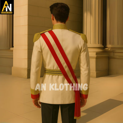 Men's White Ceremonial Military Dress Uniform – Regal Officer Jacket with Red Sash & Gold Trim | Custom Tailored Formal Costume-Military Set