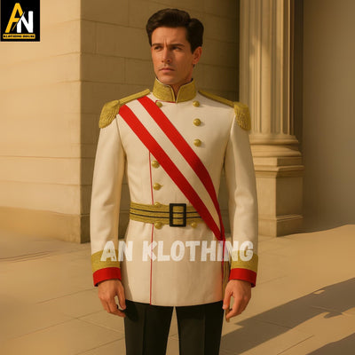 Men's White Ceremonial Military Dress Uniform – Regal Officer Jacket with Red Sash & Gold Trim | Custom Tailored Formal Costume-Military Set