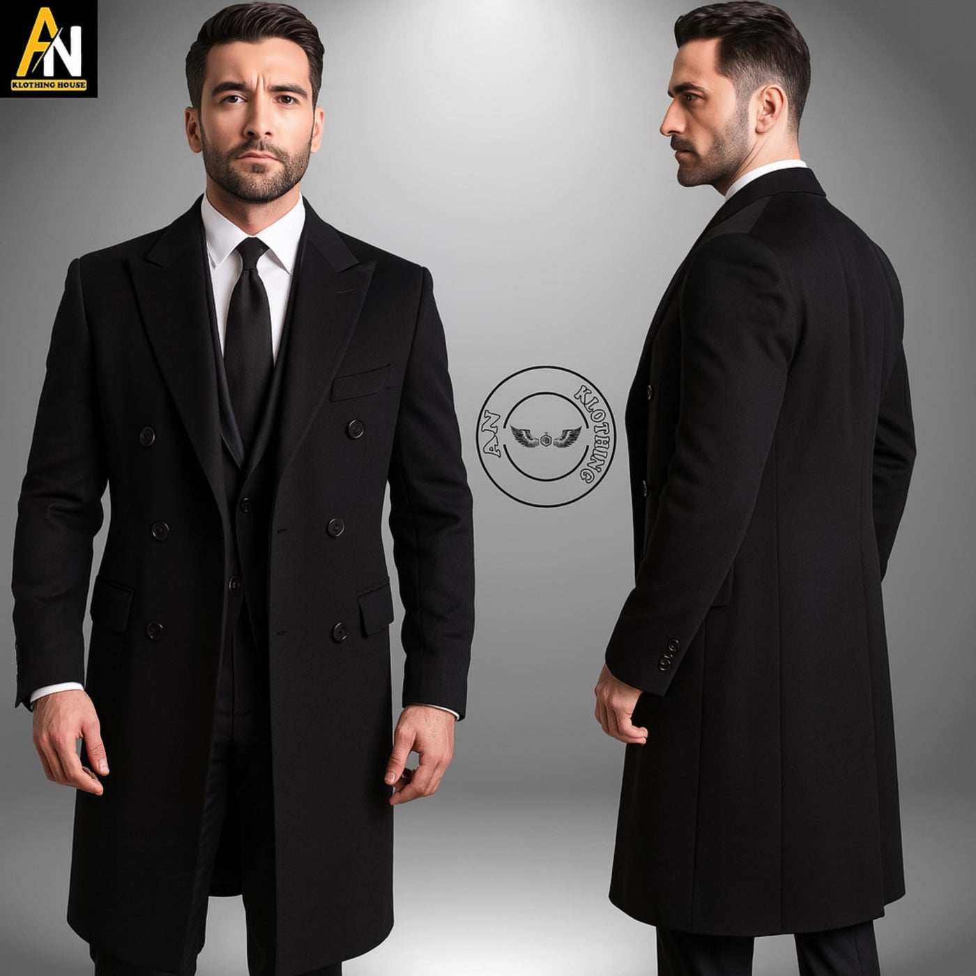 Elegant Men's Black Wool Overcoat | Double-Breasted Long Formal Winter Coat | Tailored Vintage-Inspired Dress Coat - Sophisticated Fashion