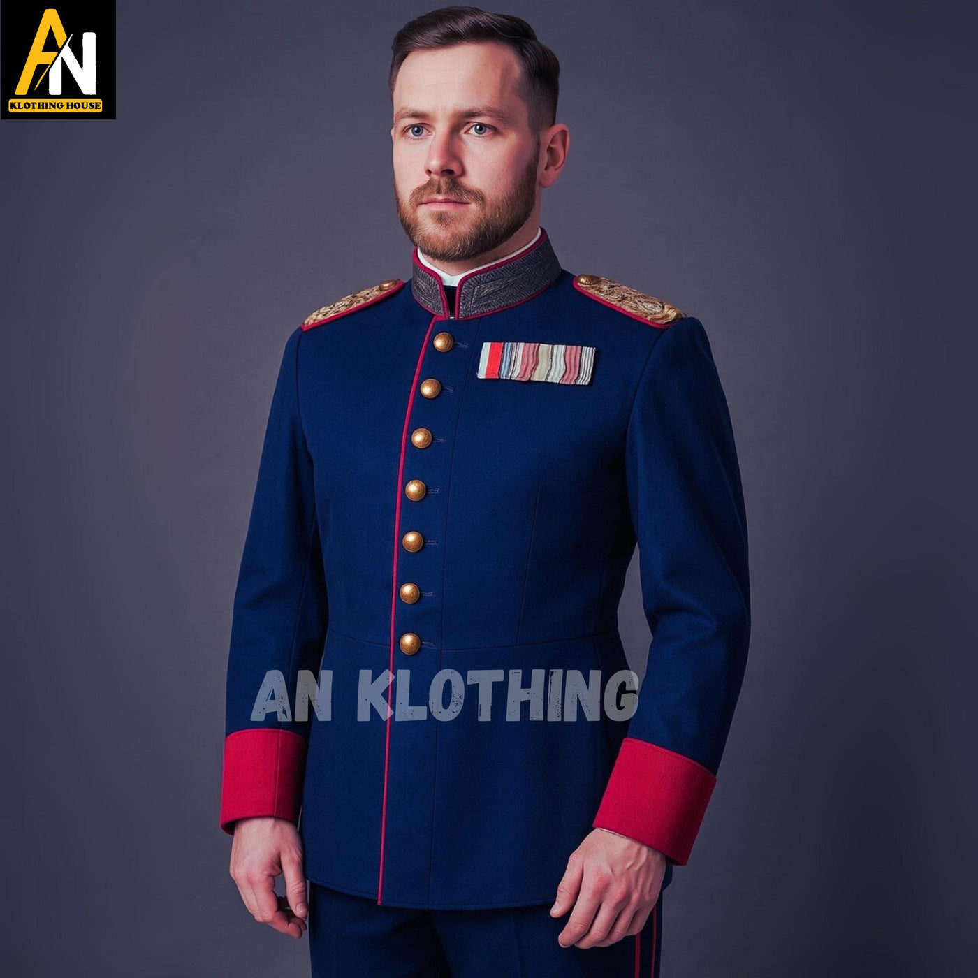Men's Royal Blue Military Ceremonial Jacket – Victorian Parade Dress Uniform with Red Cuffs & Brass Buttons - Officer's Jacket