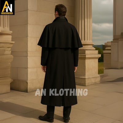 Black Regency Garrick Overcoat - Black Inverness Cape Overcoat – Classic Victorian Style Men's Wool Coat for Formal & Period Wear