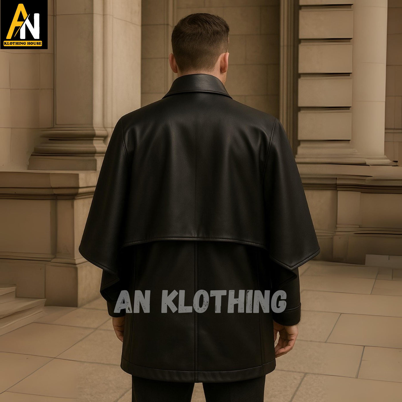 Black Leather Victorian-Inspired Cape Coat for Men – Classic Urban Outerwear with Buttoned Front - Custom made Leather Cape Coat