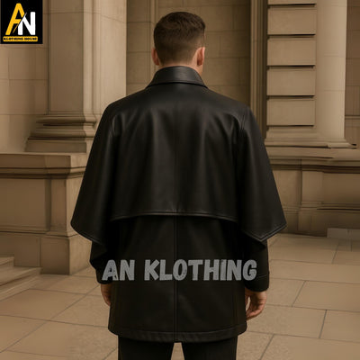 Black Leather Victorian-Inspired Cape Coat for Men – Classic Urban Outerwear with Buttoned Front - Custom made Leather Cape Coat