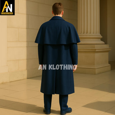 Dark Blue Victorian-Inspired Men's Wool Cape Overcoat – Elegant Handmade Long Cloak Coat for Formal & Historical Wear - Garrick Overcoat