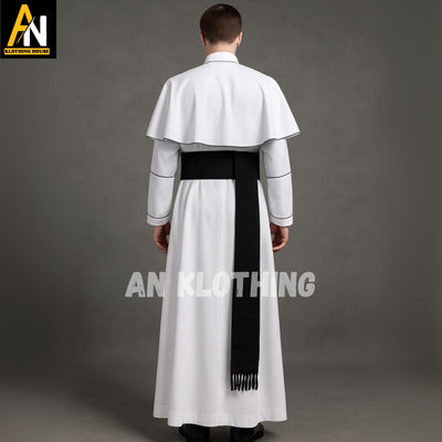 Traditional White Clergy Cassock for Men – Handmade Ecclesiastical Robe with Black Fascia & Cape | Custom Sizes - Priest Outfit for Church