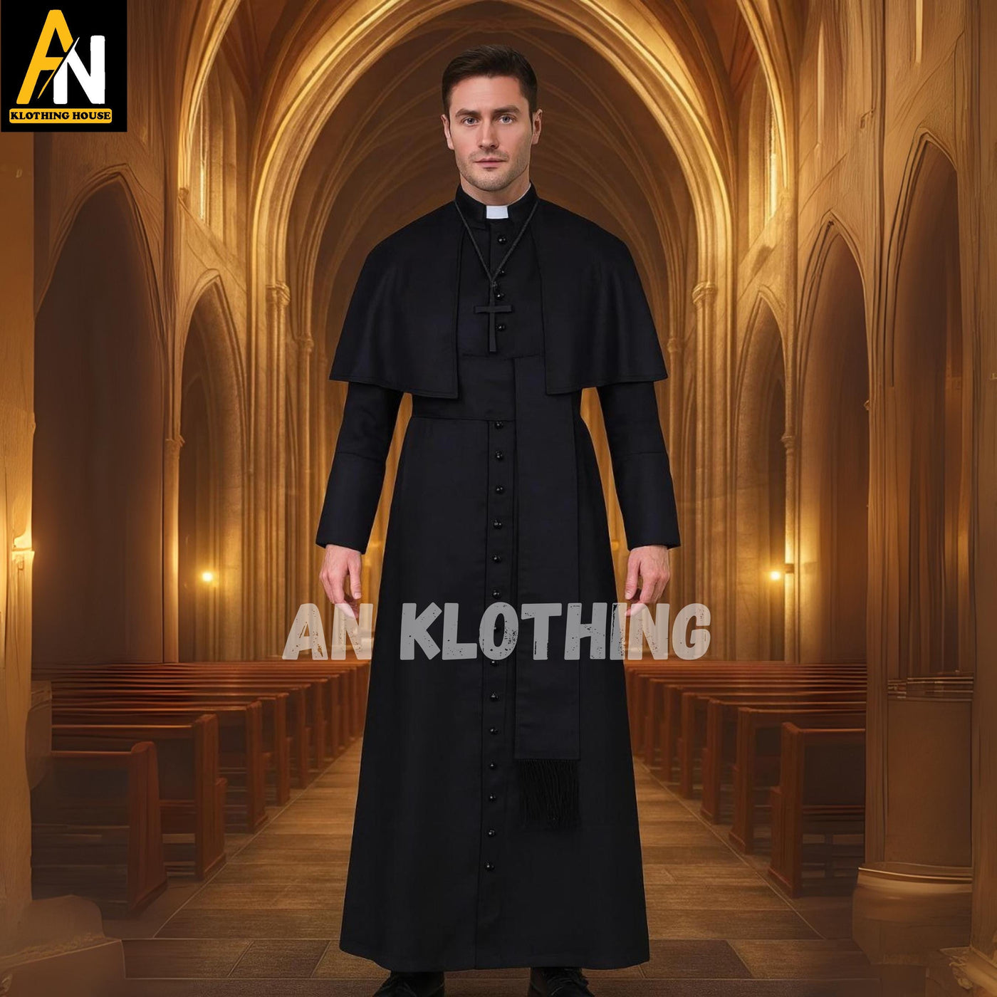 Traditional Black Roman Catholic Priest Cassock for Men – Full-Length Clergy Robe with Shoulder Cape – Custom Tailored Vestment- Custom Size