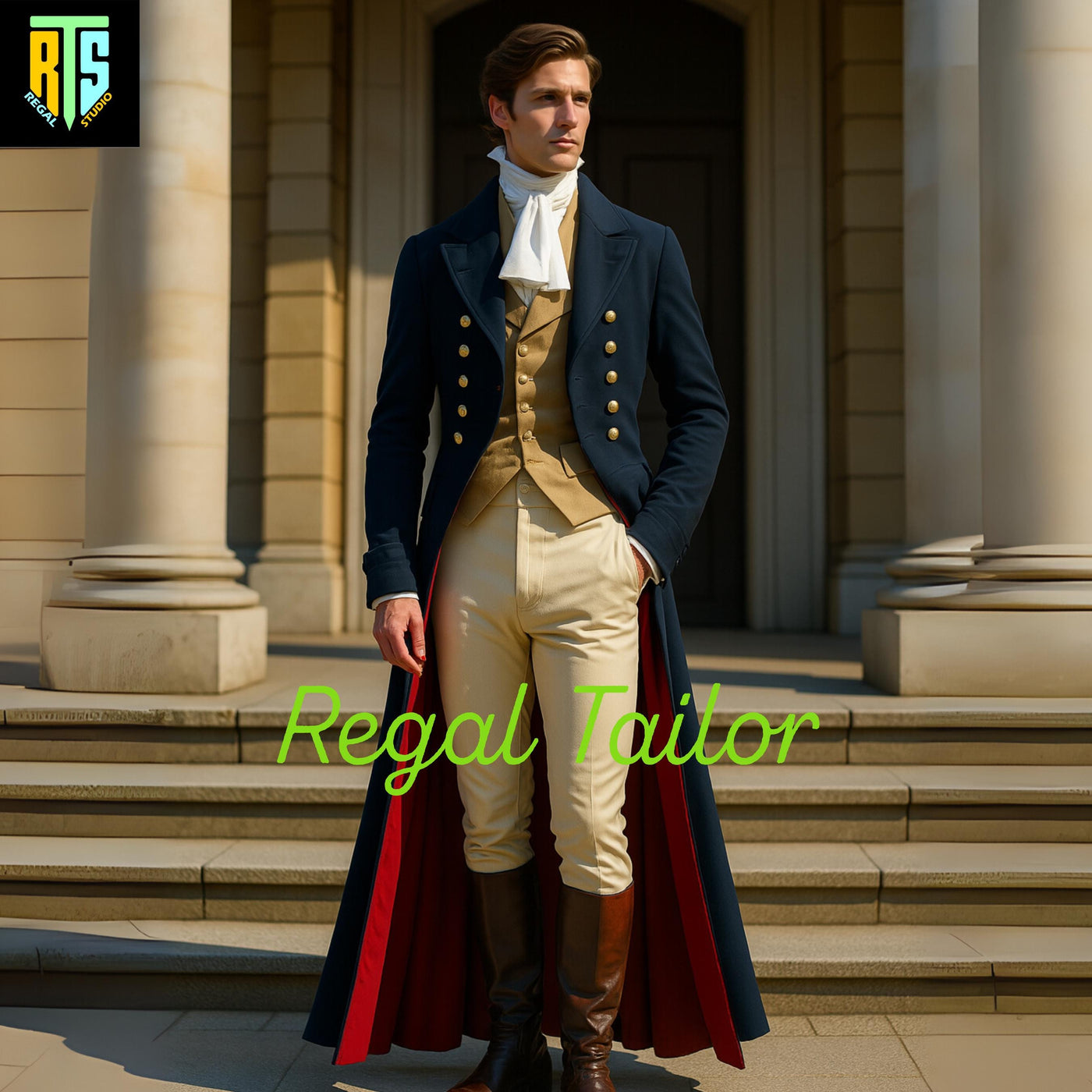 19th Century Men's Regency Navy Blue Wool Coat with Gold Waistcoat – Historical Outfit - Men's Regency Era Jackets - Custom Made Wool Coat