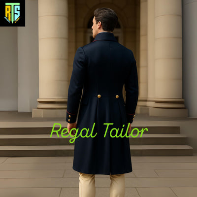 Men's 18th Century Costume - Navy Blue Regency Tailcoat with Gold Buttons – Historical Men’s Wool Coat with Red Piping - Custom Made Coat