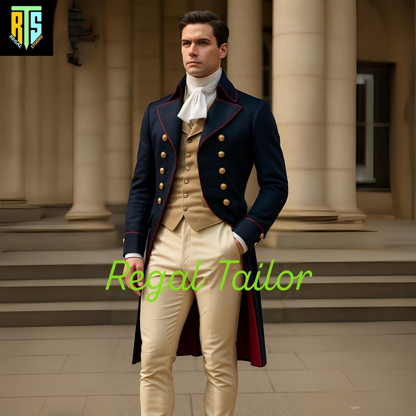 Men's 18th Century Costume - Navy Blue Regency Tailcoat with Gold Buttons – Historical Men’s Wool Coat with Red Piping - Custom Made Coat