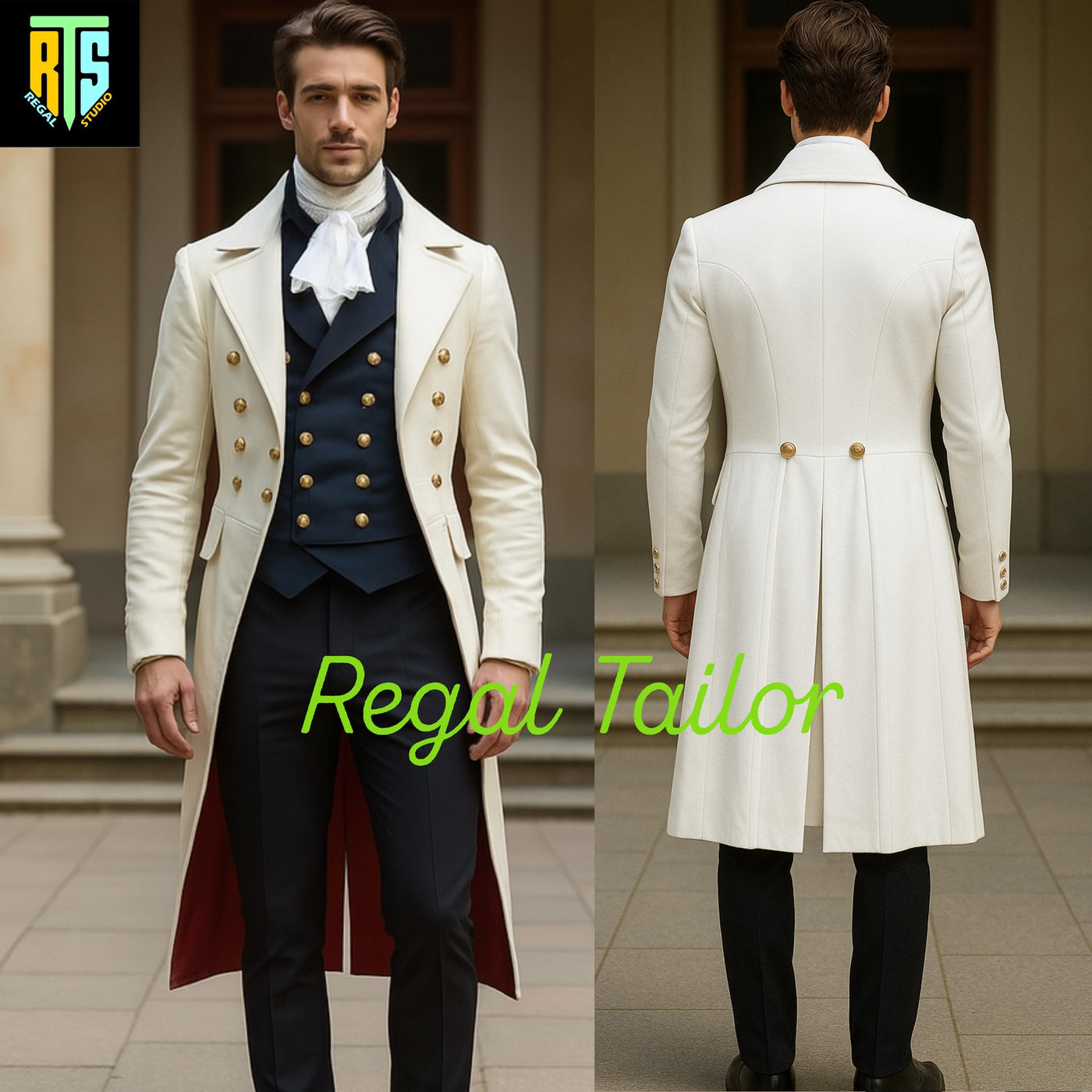 Regency White Wool Coat with Gold Buttons – Formal Victorian Officer Coat – Historical Reenactment Steampunk Wedding Jacket - Regency Jacket