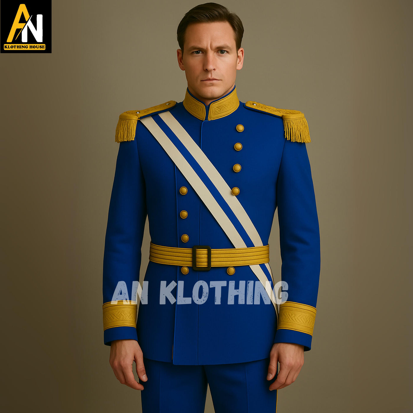 Royal Blue Military Parade Uniform with Golden Accents – Custom Officer Dress Coat with Epaulettes, Sash & Belt – Historical Reenactment