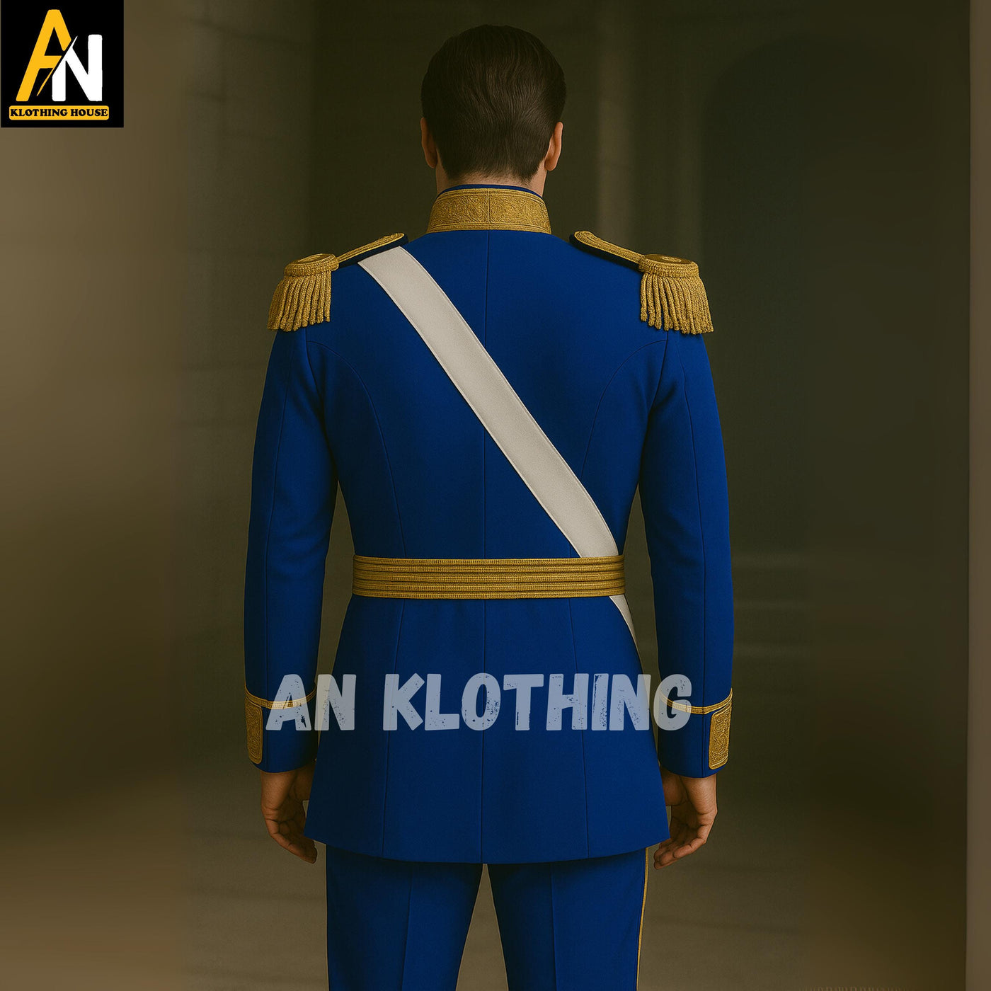 Royal Blue Military Parade Uniform with Golden Accents – Custom Officer Dress Coat with Epaulettes, Sash & Belt – Historical Reenactment