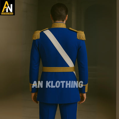 Royal Blue Military Parade Uniform with Golden Accents – Custom Officer Dress Coat with Epaulettes, Sash & Belt – Historical Reenactment