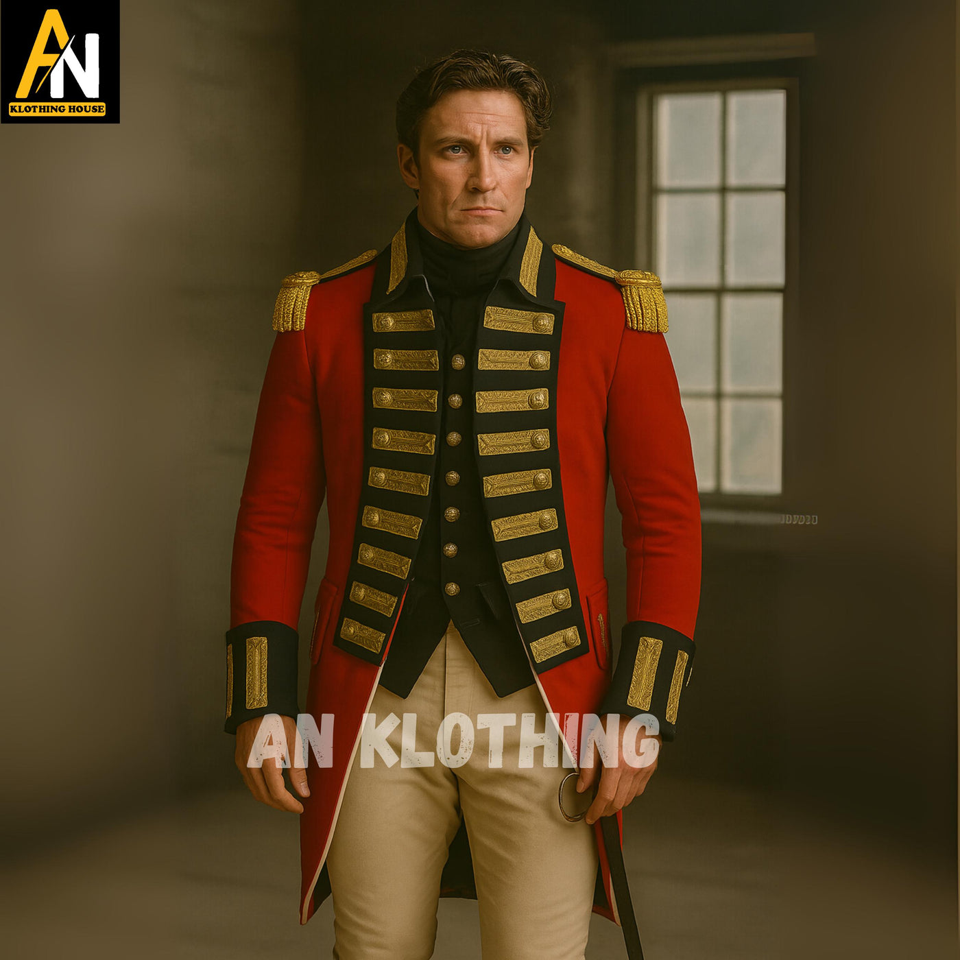 Men’s British Red Military Officer Coat – Regency Era Wool Coat with Gold Braids & Epaulettes – Historical Reenactment Costume -Regency Suit