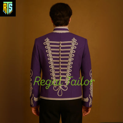 Men's Purple Military Embroidered Hussar Jacket – Custom Tailored Regal Parade Coat with Gold Braiding | Historical Dress Uniform